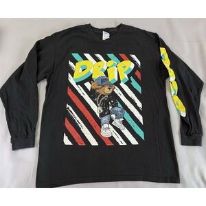 DRIP Hustle Bear T-shirt 90s Hip Hop‎ themed Long Sleeved Large Youth